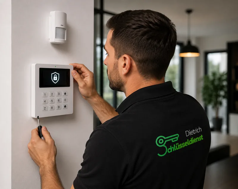 Techniker von Schlüsseldienst Dietrich installiert eine moderne Alarmanlage an der Wand