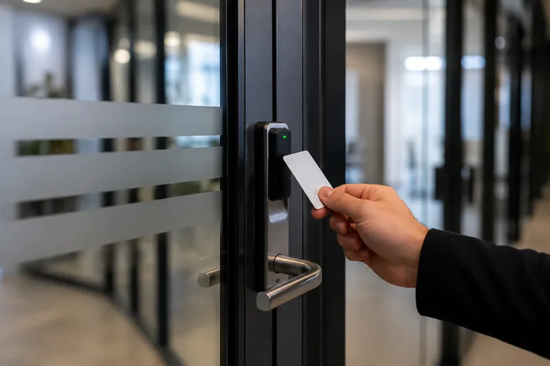 Zutrittskontrolle per Transponderkarte an einer Glastür mit elektronischem Schließsystem
